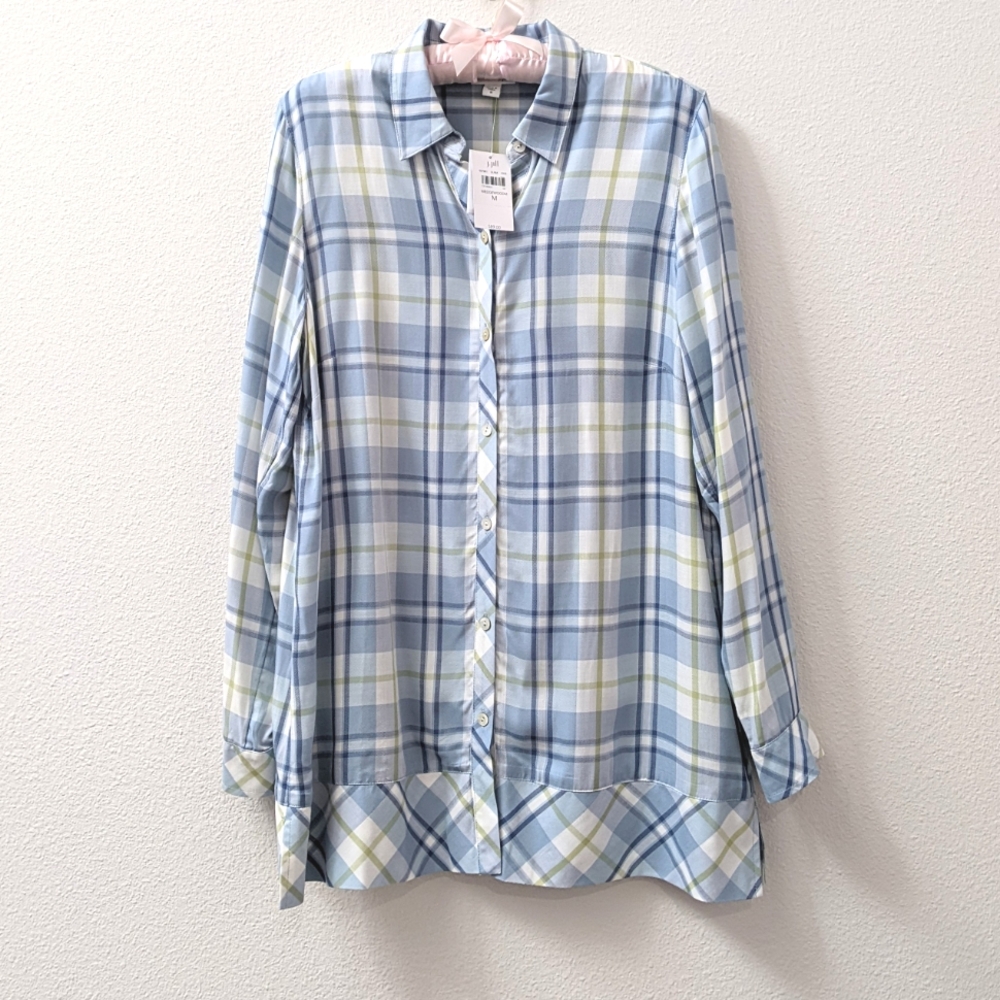 J.Jill Plaid Button-Up Shirt Tunic in Blue & White Yarn-dyed Rayon sz Medium NWT